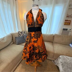 Vibrant  Vintage Orange and Black batik wrap Halter Midi Dress